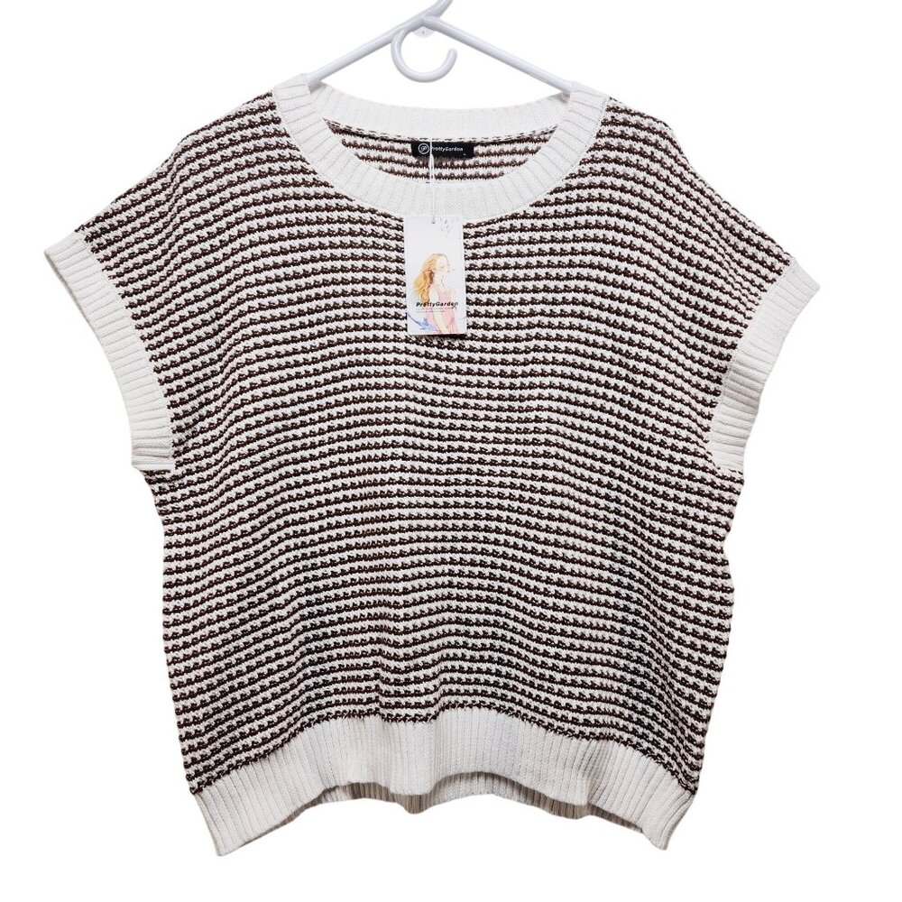 Striped Knit Sleeveless Vest Sweater Top  Women PrettyGarden Size L Brown White